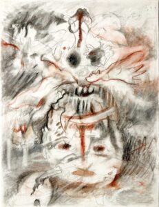 Double Vision, 2026, Graphite, conte, charcoal on white kraft paper, 24 x 19"