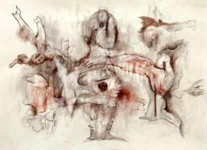 Drum Beat, 2026, Conte, graphite, charcoal pencil on Rives BFK, 19 x 26”