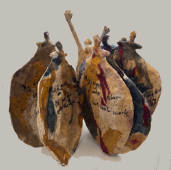Eyes, 2026, Paper mache with leather binding, 10.25 x 10.5 x 12.5 (6 panels)