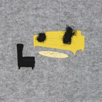 Session-1, Session 1, 2025, fabric cutouts, thread, stitching on industrial felt mounted to wood, 16 x 20 x 1"