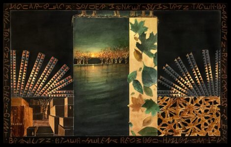 Roots of Existence, Acrylic, Italian metal leaf, archival imported handmade paper, 30 x 48”.