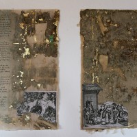 Contested Territories, 112’’ x 36’’ x 2’’, handmade paper with gold leaf and embroidered thread