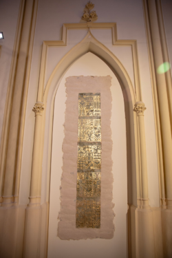 Tocapus, 2025, Hand-made paper with gold leaf, 112 x 35"