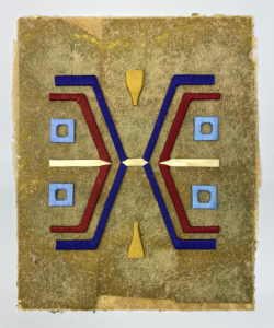 Tocapu 1, 2025, Hand-made paper with gold leaf and cotton thread, 20 x 16"