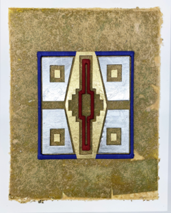 Tocapu 2, 2025, Hand-made paper with gold leaf and cotton thread, 20 x 16"