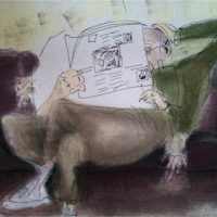 Reading the Newspaper, ink, pastel, 9” x 12”, 2014 Reading the Newspaper, ink, pastel, 9” x 12”, 2014