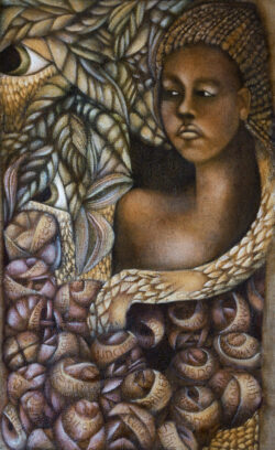 Even in the Garden, Oil on burlap, 42 x 25”