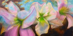 Cosmic Daylily Trio- 48x24" Oil on Gallery Wrapped Canvas- Oil Painting by the artist, Mary Ahern
