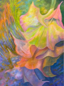 Cosmic Brugmansia Trio. 40x30 Gallery Wrapped Oil on Canvas Oil Painting by the artist, Mary Ahern
